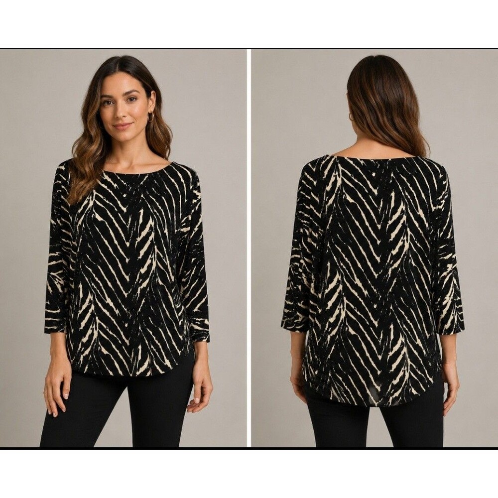 Chico's Sz 0 Black Boat Neck Zebra Animal Print Tunic Blouse Womens Oversized